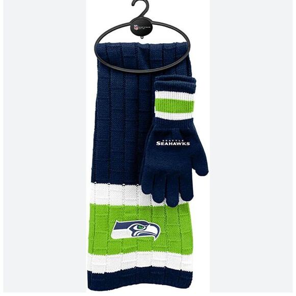 NEW Official NFL Seattle SEAHAWKS SCARF & GLOVE SET Blue Knit Hawks Bird Logo - Picture 1 of 4